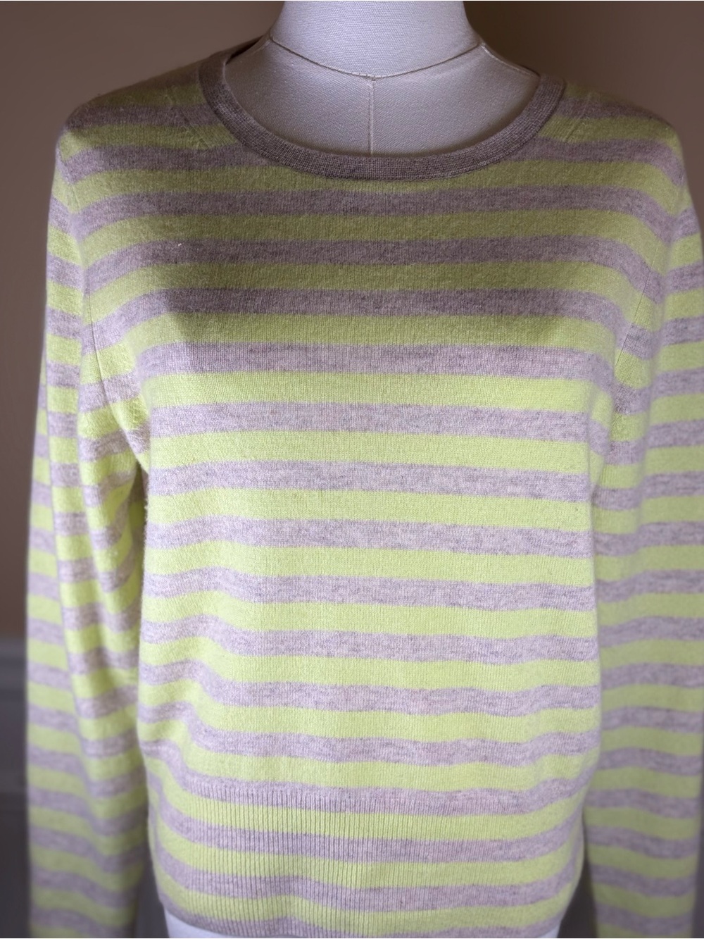 🍋 Pure Collection 100% Cashmere Lemon-Lime Taupe Stripe Sweater US 8